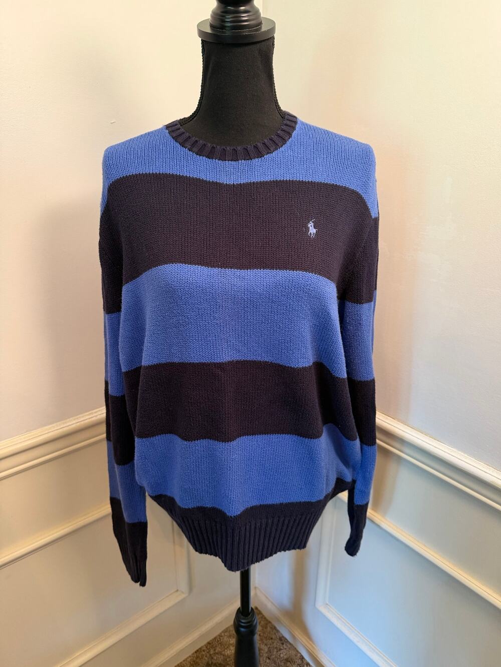 Vintage Polo Ralph Lauren Blue Black Wide Stripe Pullover Sweater Cotton Knit